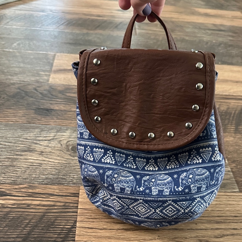 Elephant Print Faux Leather & Canvas Mini Backpack